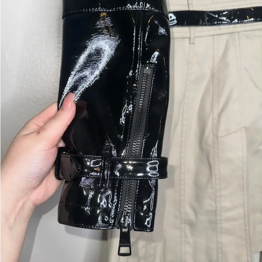 Burberry Patent Leather Sleeve Gabardine Trench Coat Black Tan US 4 - Picture 9 of 12